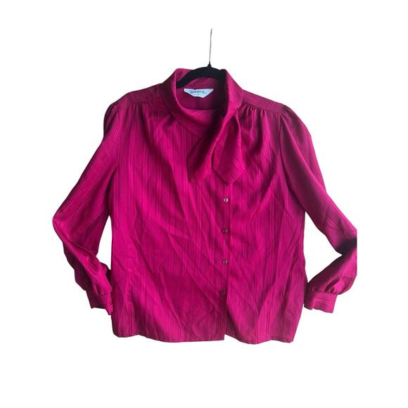 Vintage Jonquil Women's 14 Retro Bow Secretary Glam Blouse Button Up Pink Stripe - Picture 1 of 5